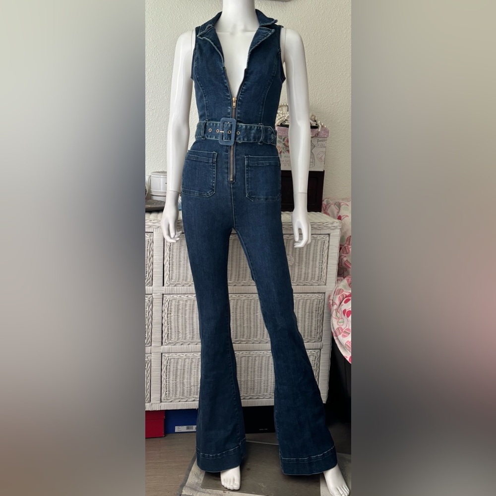 Show Me Your Mumu Jacksonville Thunder Denim Jumpsuit Ultra Flare Leg Blue Sz. S